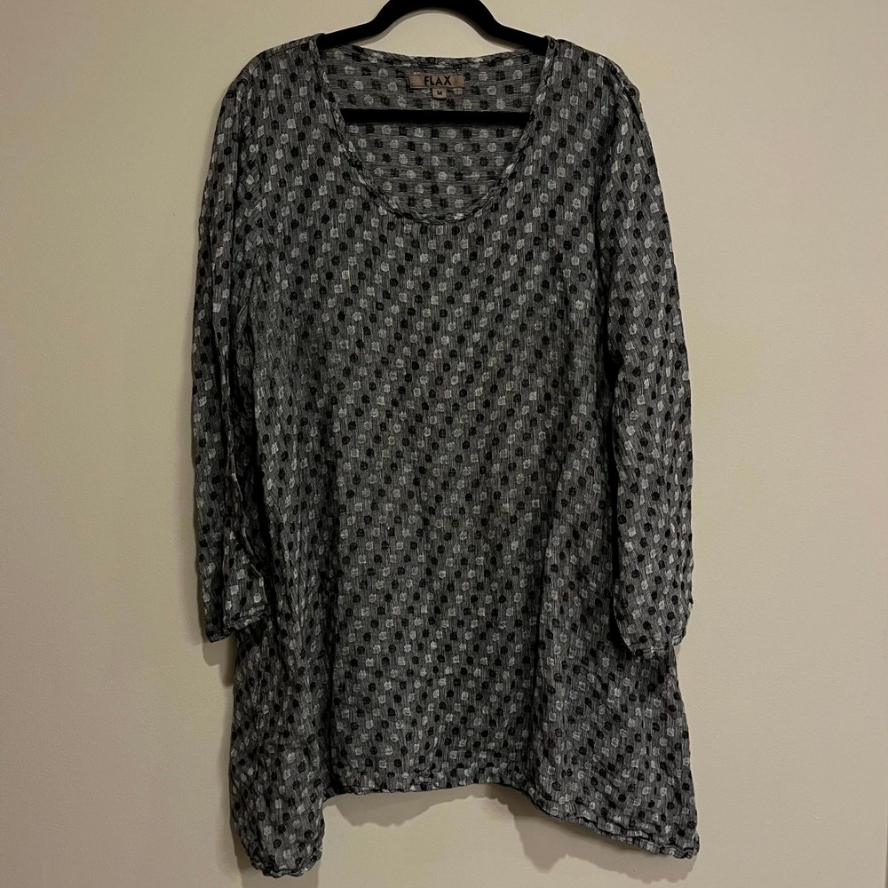FLAX Tunic Top Black White Polka Dot Linen Sharkbite Hem Women Medium